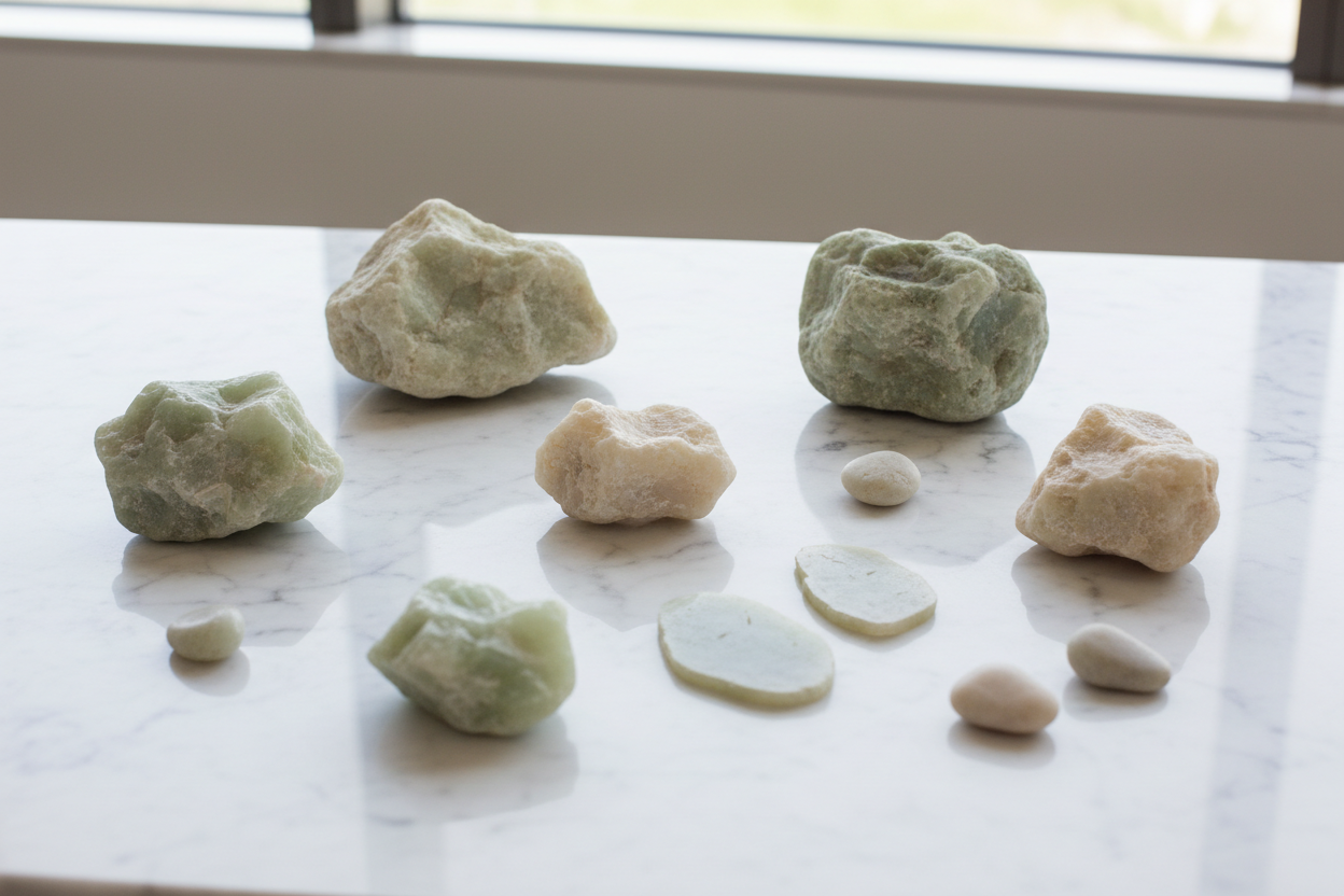Raw pale green jade stones on white marble surface in natural light