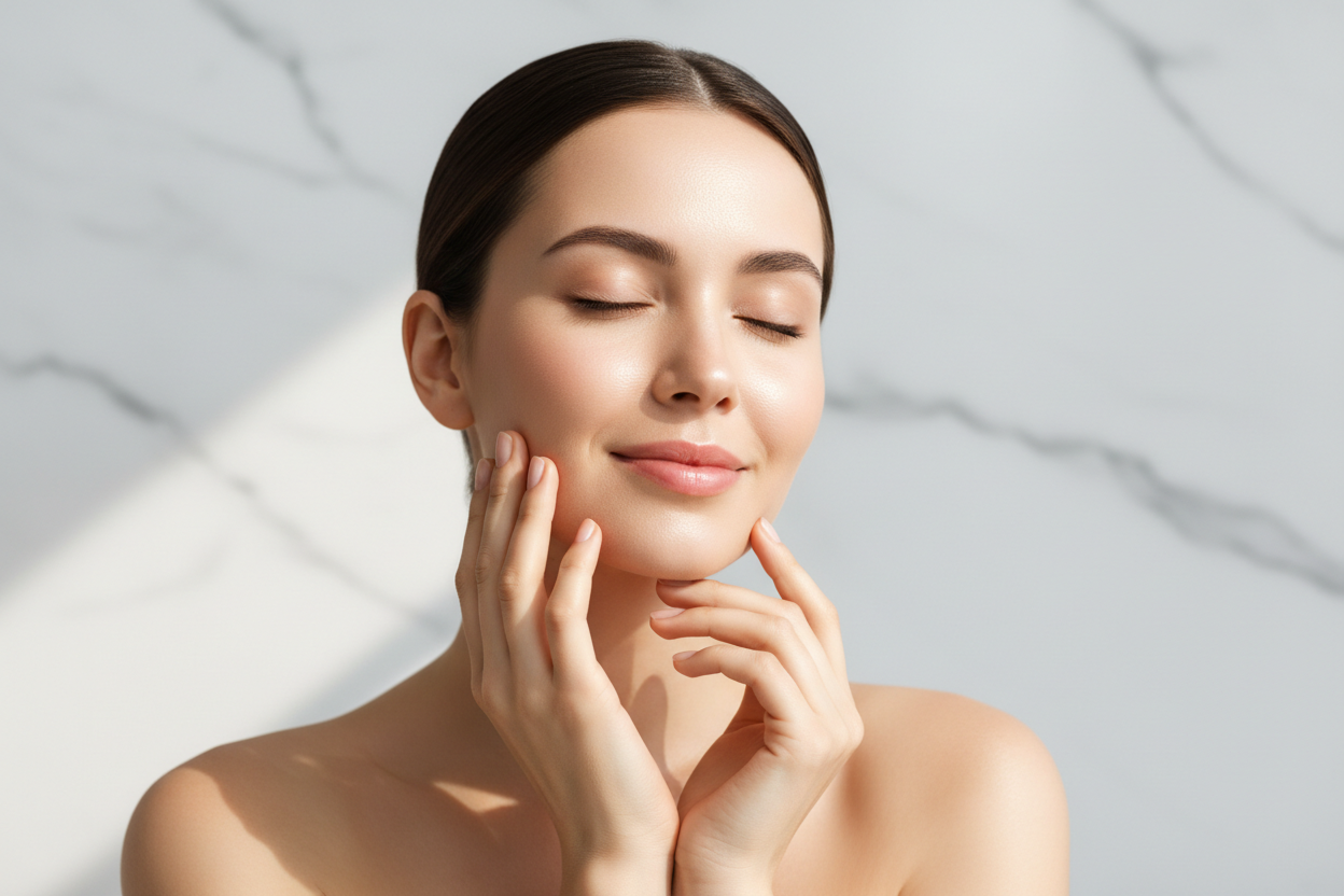 A beautiful woman touching her face