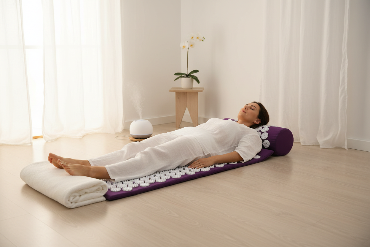 Woman lying on a white acupressure mat with eyes closed, relaxing in a calm spa setting