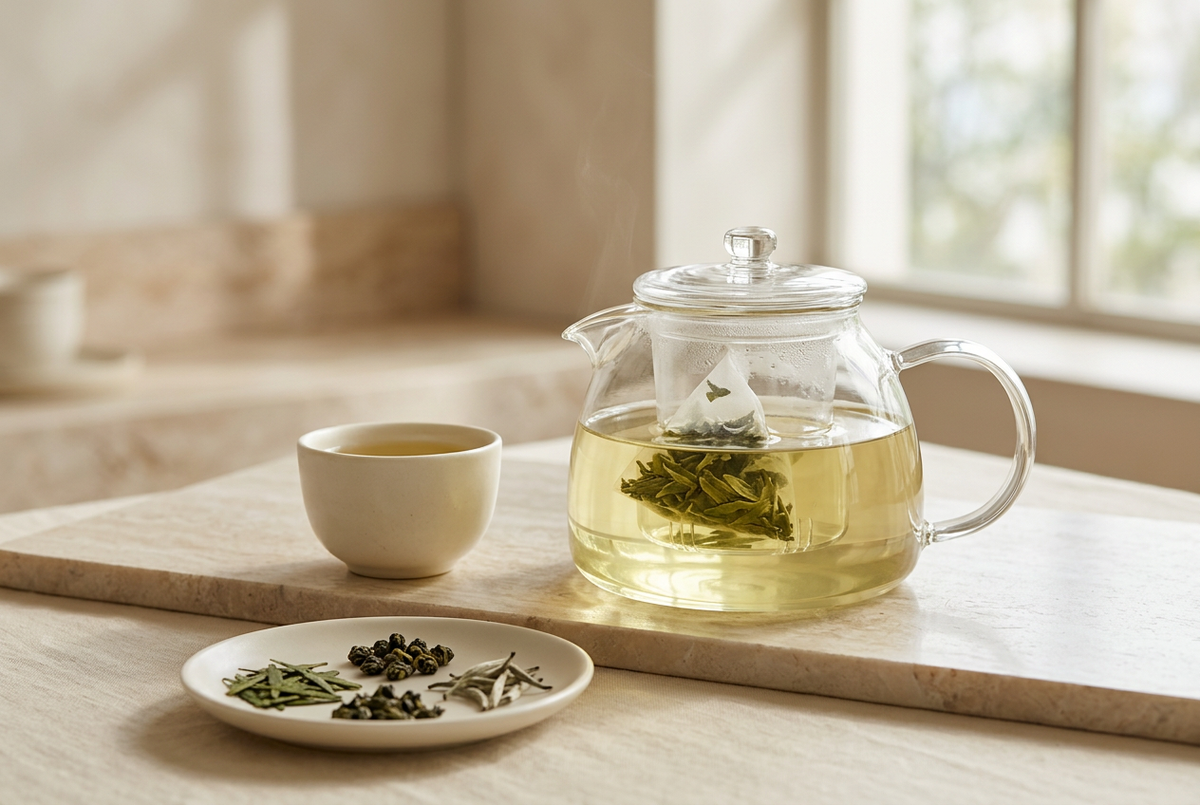 White Lotus whole leaf pyramid tea bag brewing in a pot of green, oolong and white tea blend