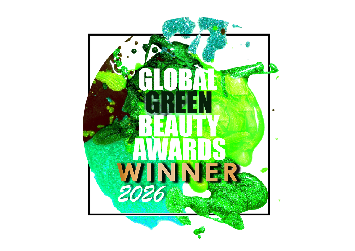 A graphic badge reading 'GLOBAL GREEN BEAUTY AWARDS WINNER 2026' over a colorful paint-splatter design in green, teal, and black on a white background.