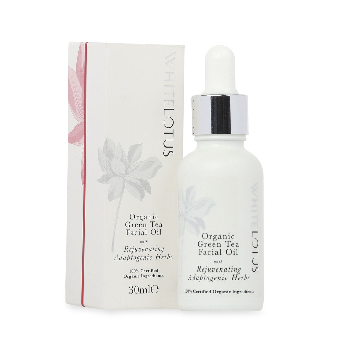 White Lotus Organic Green Tea Facial Oil 30ml bottle with dropper next to its white and pink packaging box, on a clean white background.