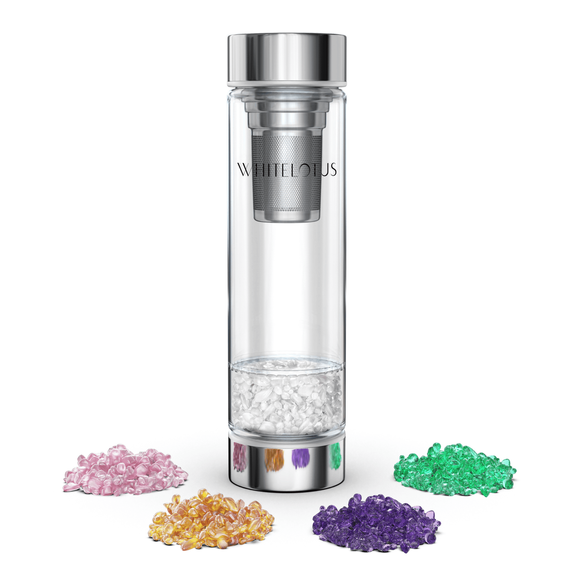 Clear glass bottle with silver cap and colorful crystals on a white background