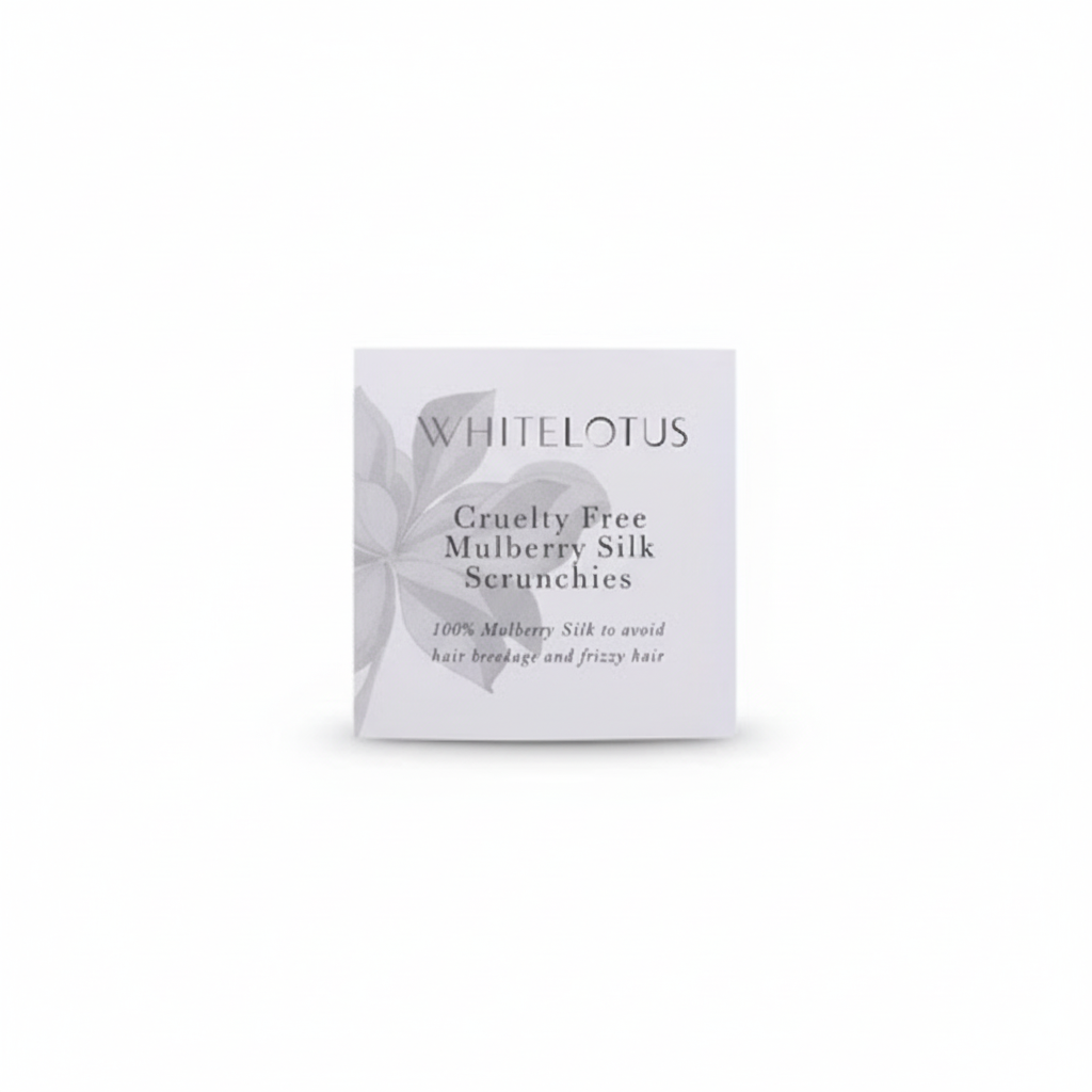Whiteelotus cruelty free mulberry silk scrunchies packaging on a white background