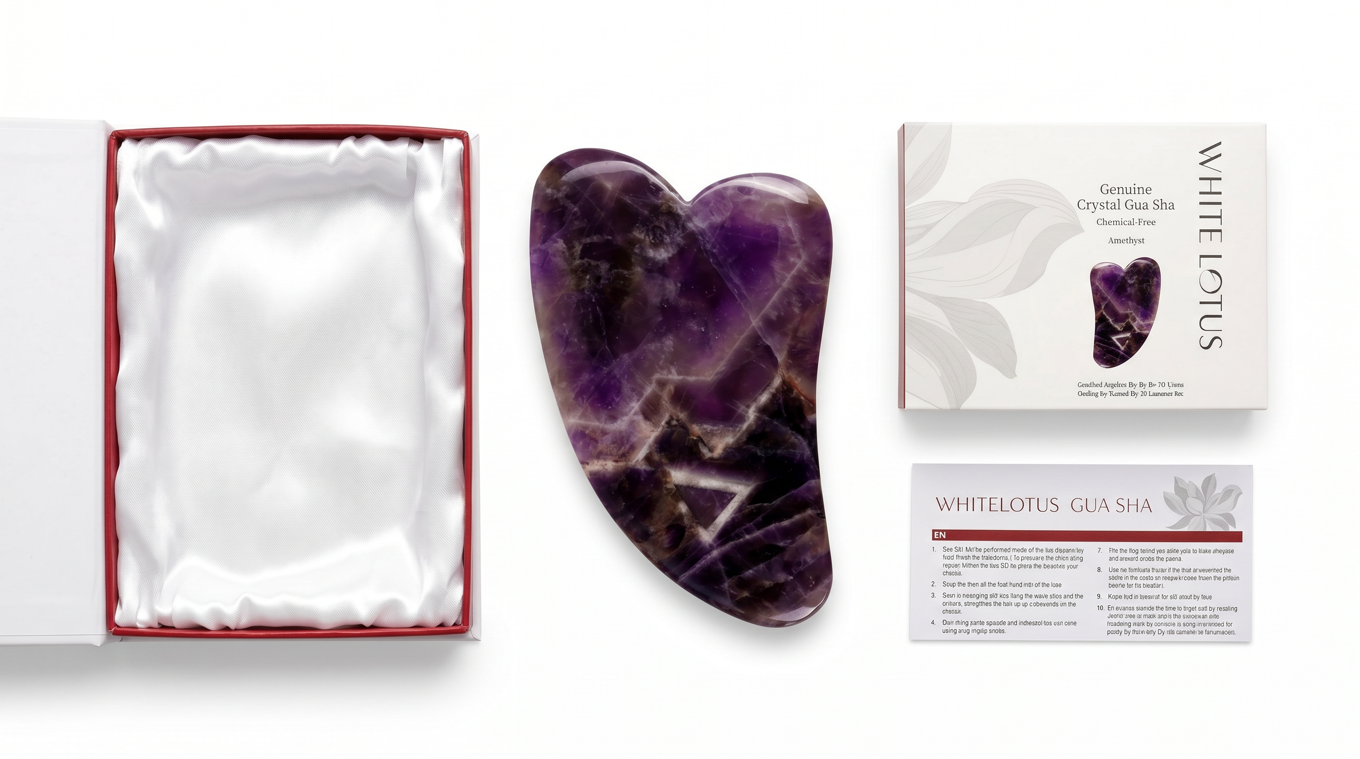Herramienta de gua sha en forma de corazón de cristal amatista con empaque sobre fondo blanco