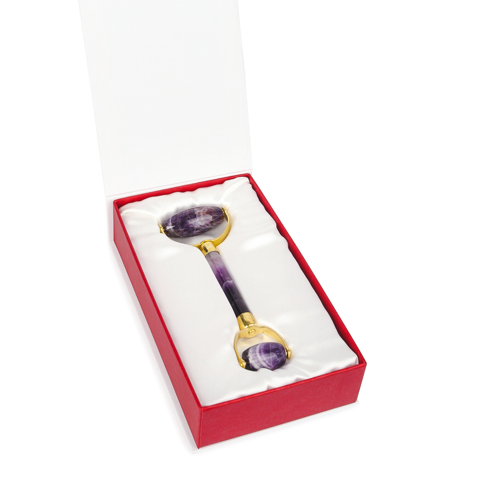 Doppelköpfiger Amethyst-Roller - Natürlicher, chemiefreier Kristall in einer mit Seide ausgekleideten Box