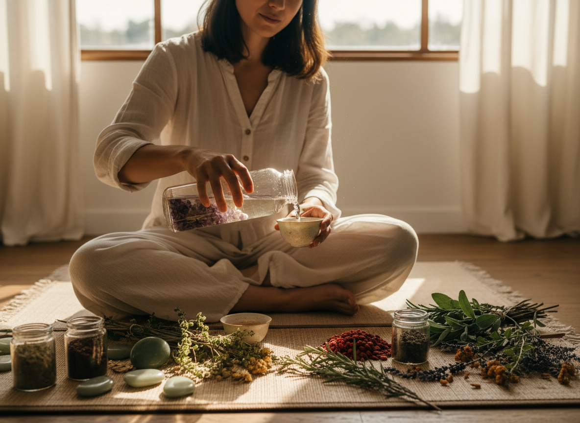 Woman using crystal healing water bottle as tea infuser in wellness ritual with Traditional Chinese Medicine elements