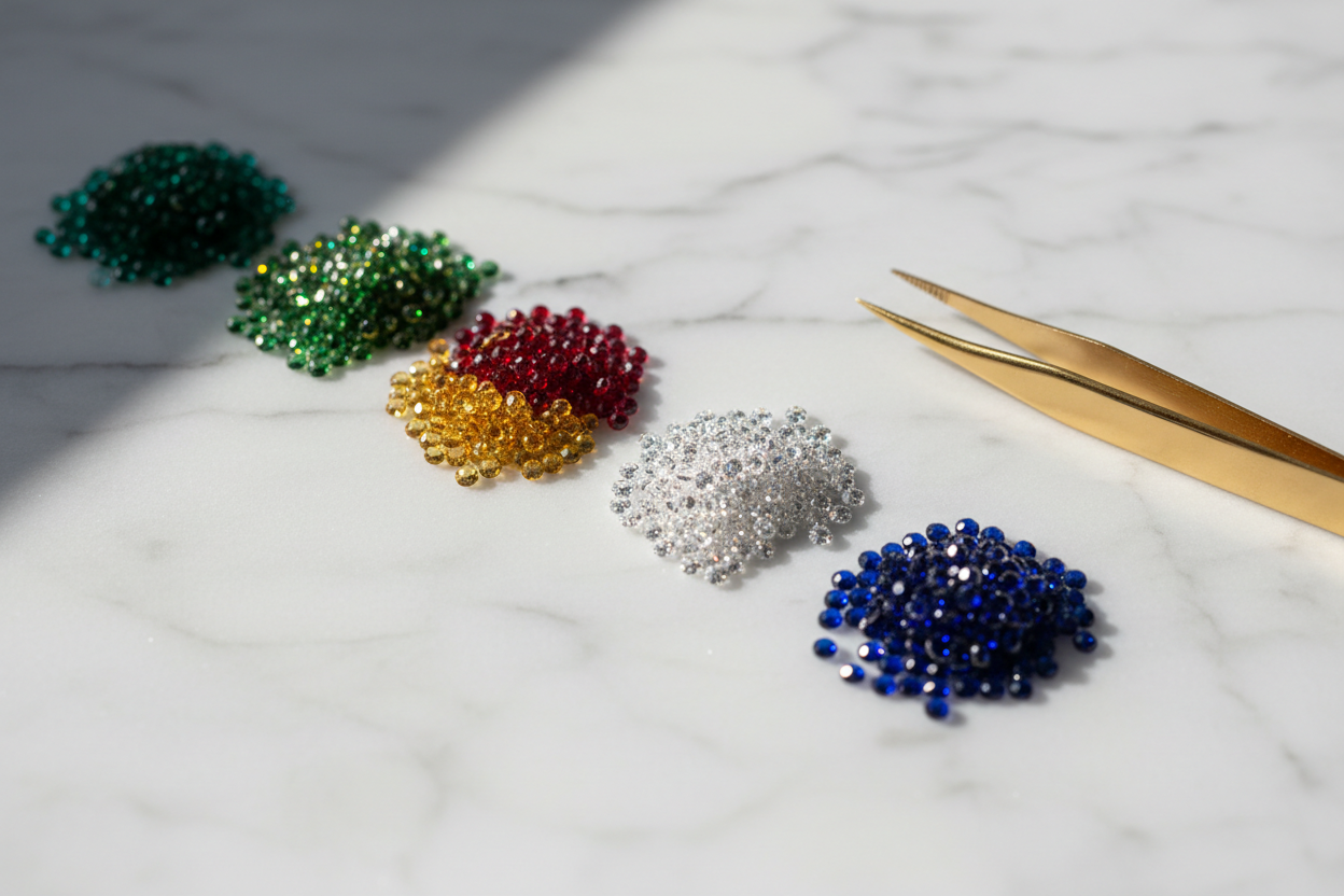Swarovski crystal ear seeds in five element colours — green, red, yellow, white and deep blue — arranged on white marble with gold tweezers