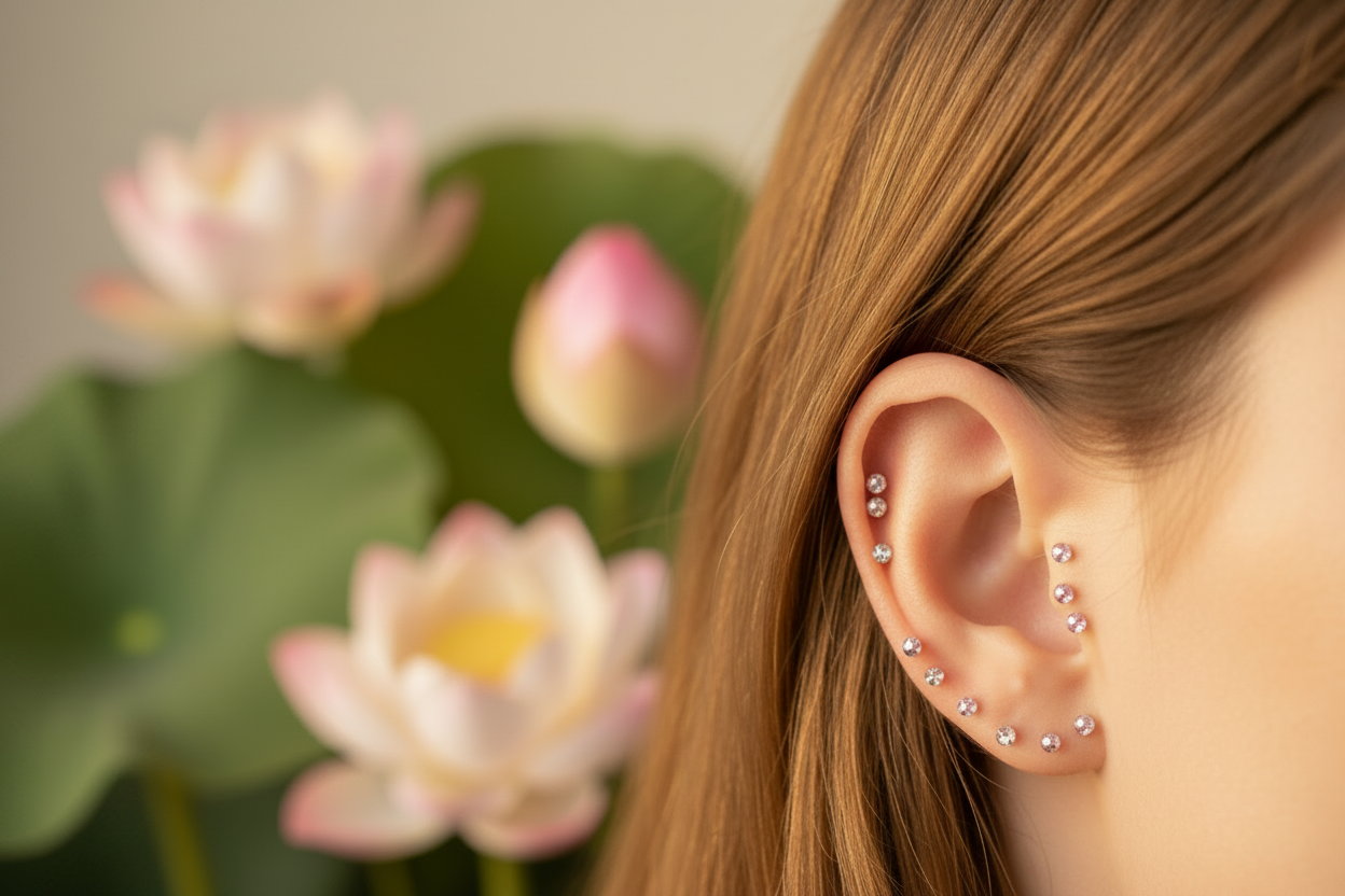 Crystal ear seeds placed on auricular acupressure points on a human ear, illustrating vagus nerve stimulation through auriculotherapy