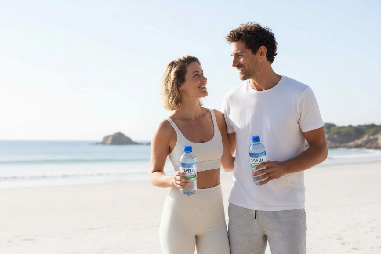 A man and woman in white wellness activewear on a sunny beach with Yavelle deuterium depleted water bottles