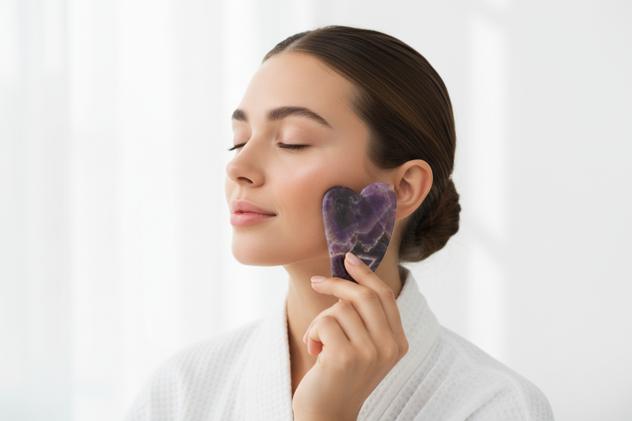 Woman using White Lotus amethyst crystal gua sha for facial contouring and massage
