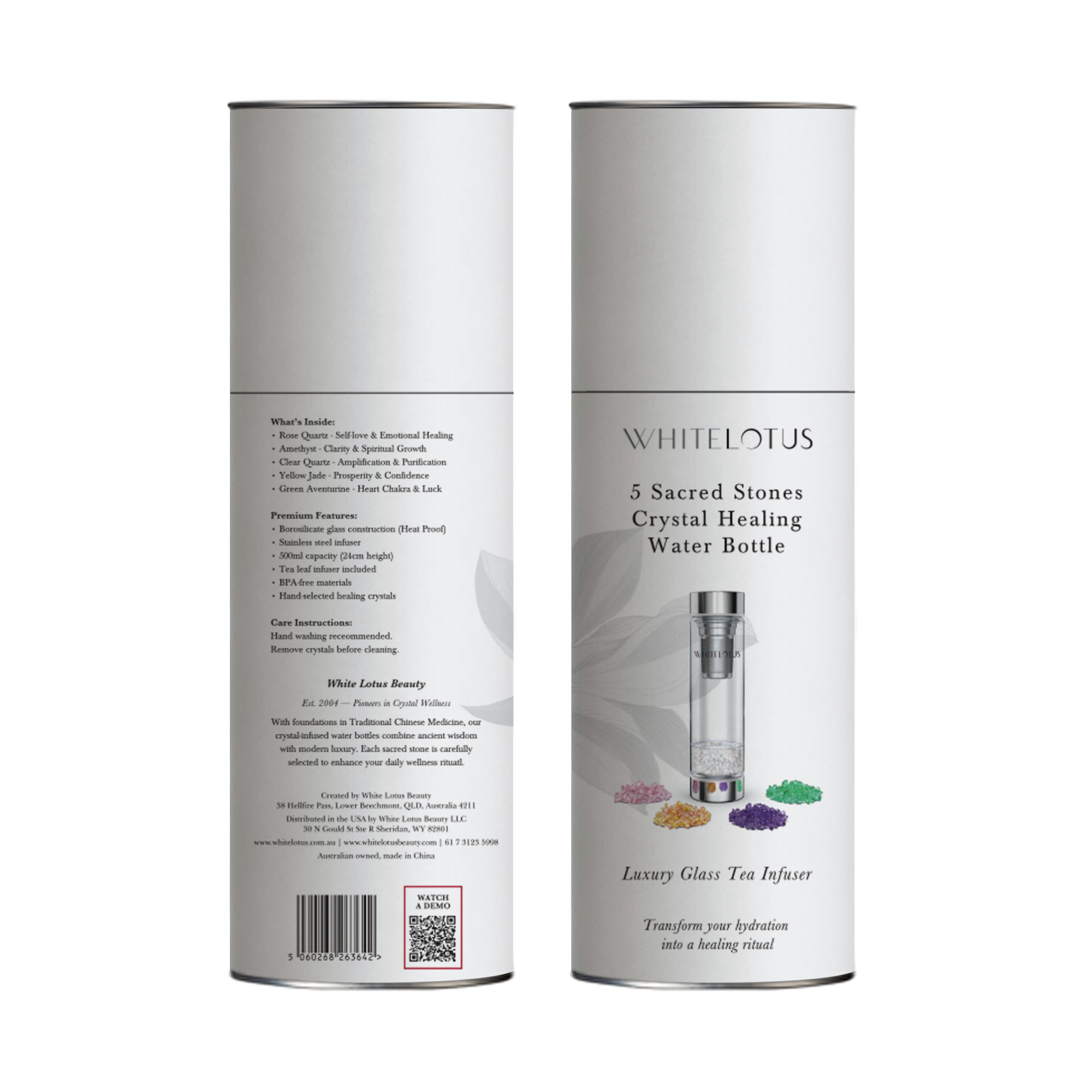 White Lotus 5 Sacred Stones Crystal Healing Water Bottle packaging on a white background