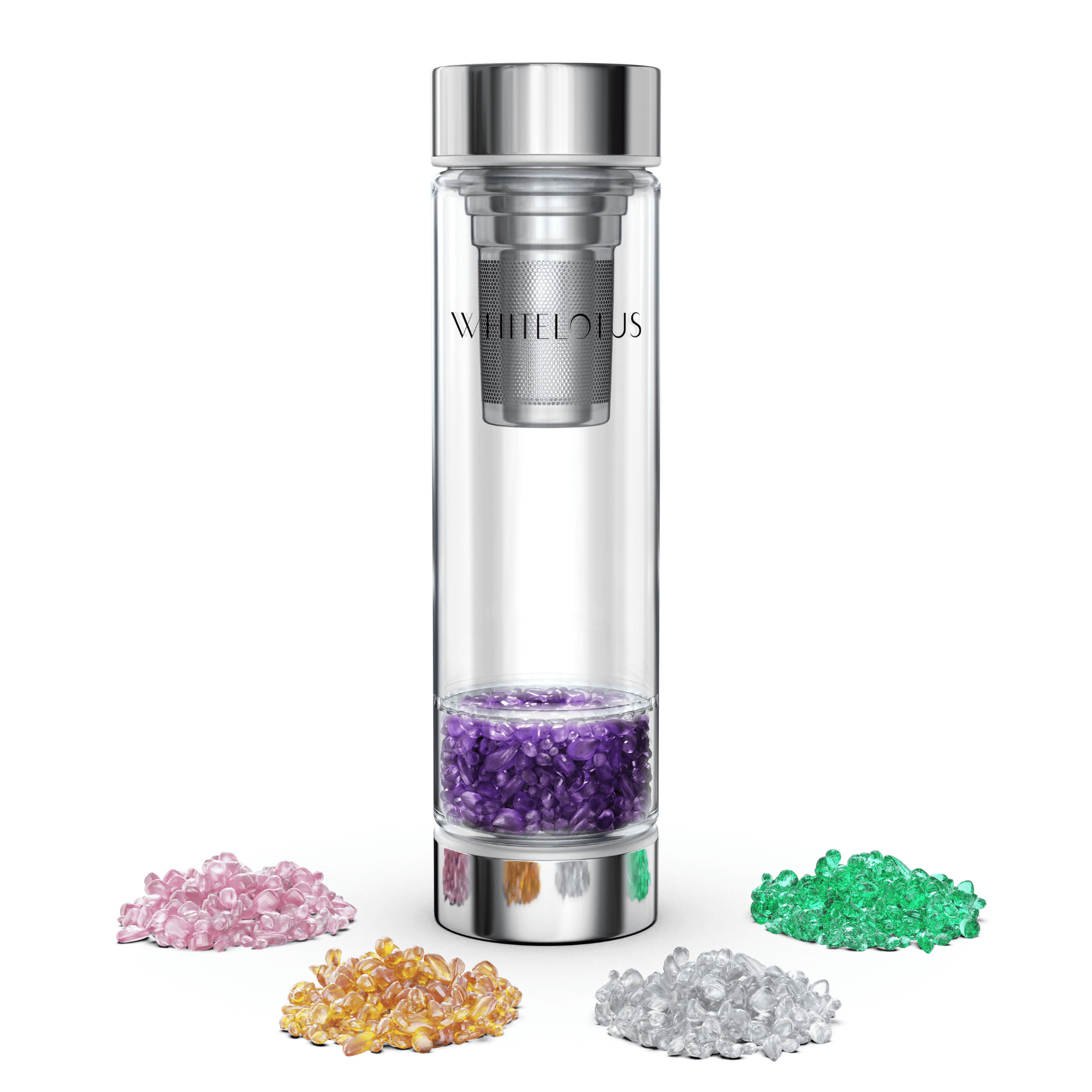 Clear glass bottle with silver cap and colorful crystals on a white background