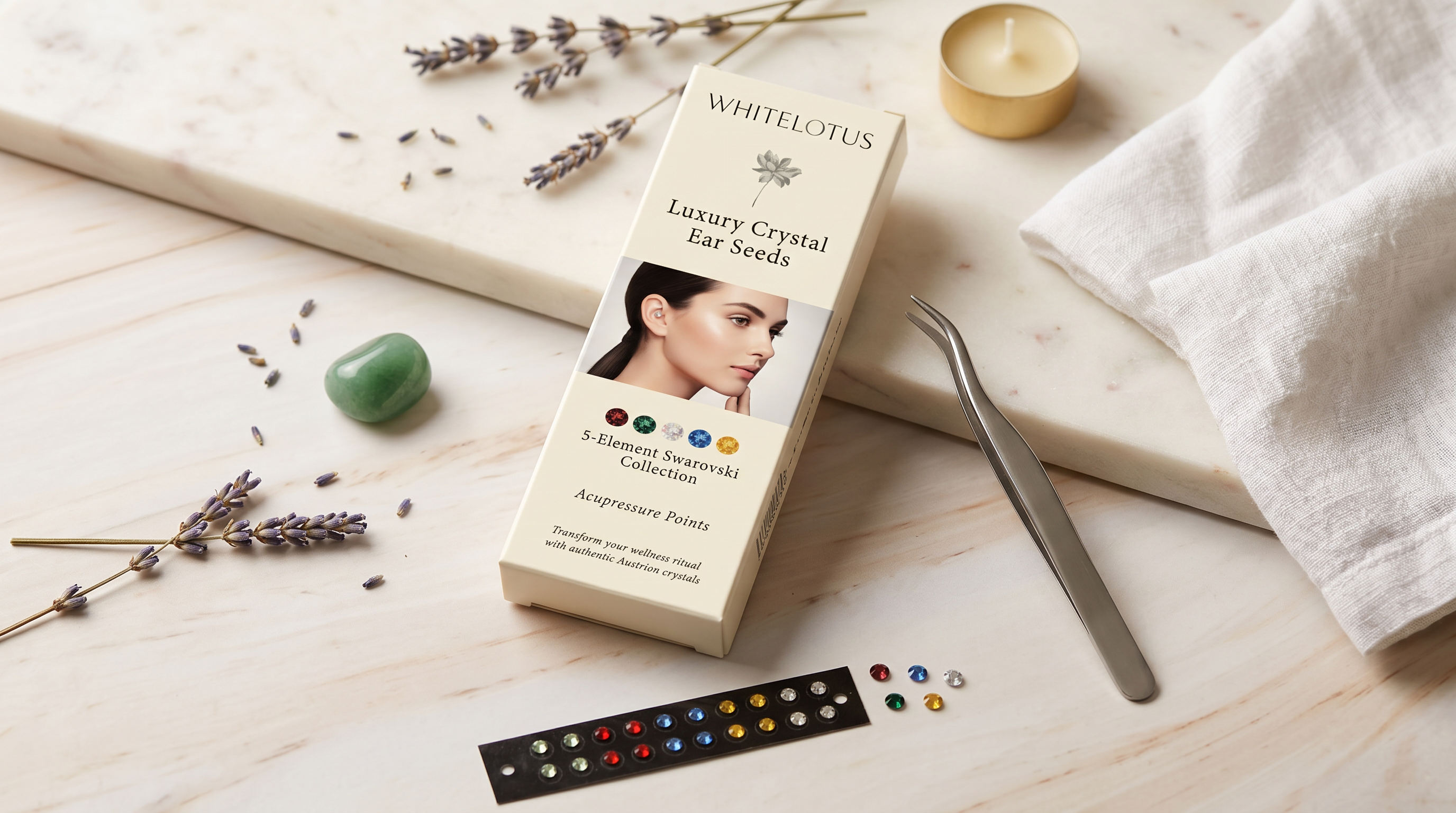 Schachtel mit Whitelotus Luxury Crystal Ear Seeds auf einer Holzoberfläche mit Lavendel und einer Kerze.