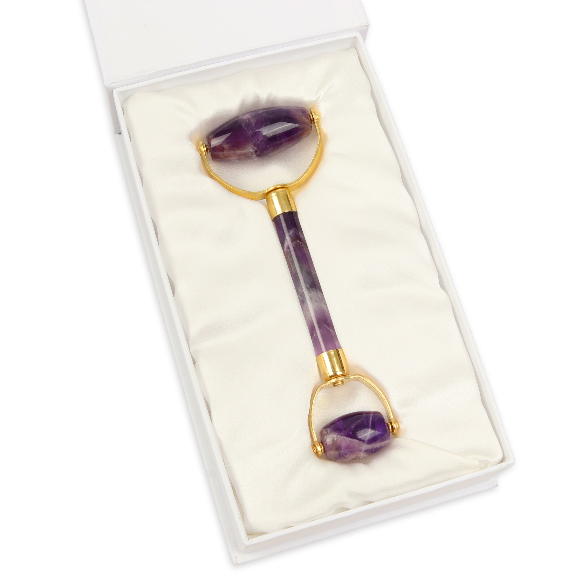 Double Headed Amethyst Roller -Natural Chemical Free Crystal in a Silk Lined Box