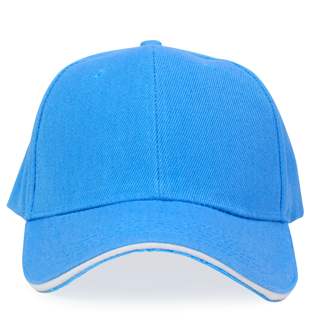 a close up of the front of the sky blue sports cap