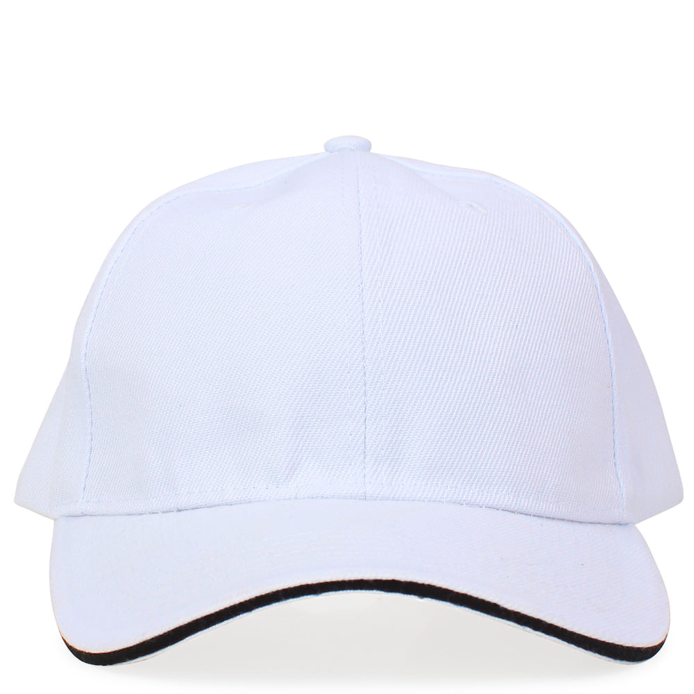 A close up of the front of a white sports cap