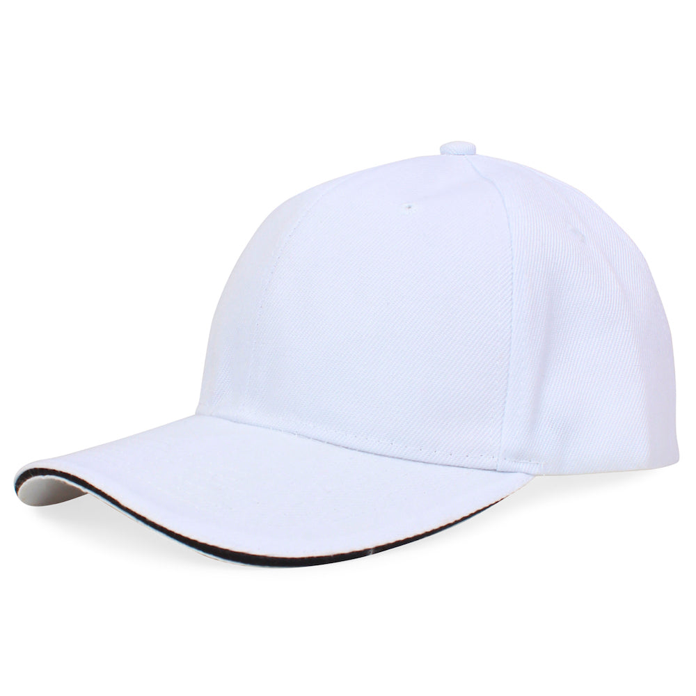 Side on image of a white baseball cap