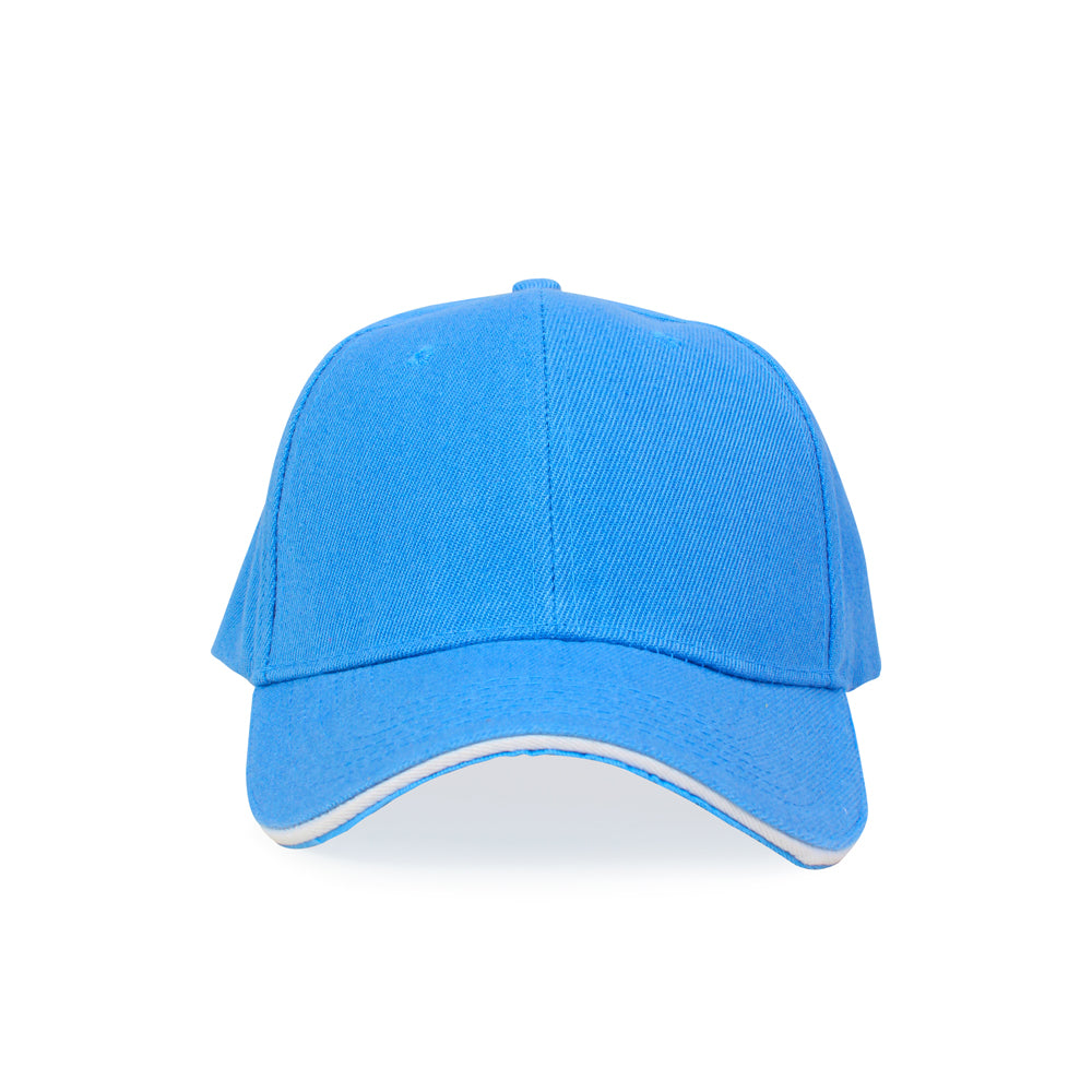 The front of a blue baseball cap 