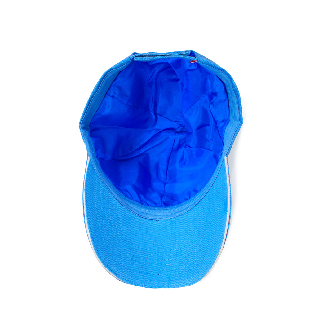 The inside of a blue silk sports cap